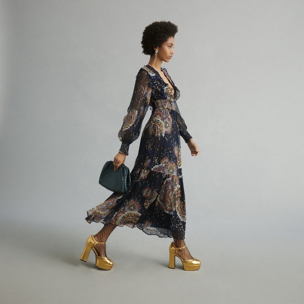 Anthropologie Smocked‎ V-Neck Maxi Dress Navy Floral Metallic OB1571271 XS
